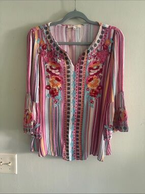 ANDREE BY UNIT Pink Multi Striped Embroidered V-Neck Tunic M